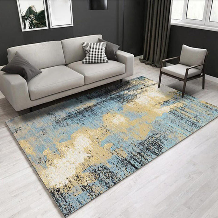 Modern living room rug in blue and yellow abstract color block pattern rug polyester washable rug | Bowlift