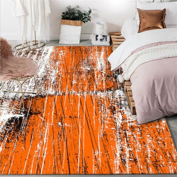 Scandinavian modern rug in orange abstract stripe pattern, polyester rug, washable for the living room | Bowlift