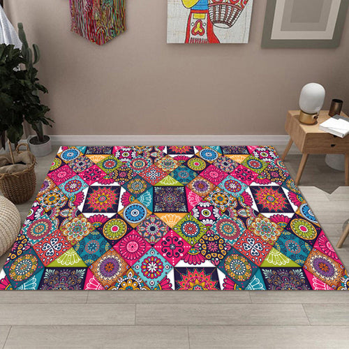 BowLift | Multicolored Bedroom Rug Moroccan Diamond Flower Pattern Rug Polyester Non-Slip Back Rug