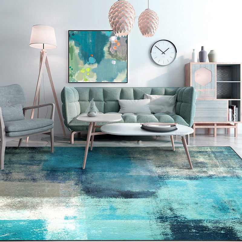 Modern rug for the living room in blue abstract oil painting pattern rug polyester washable rug | Bowlift