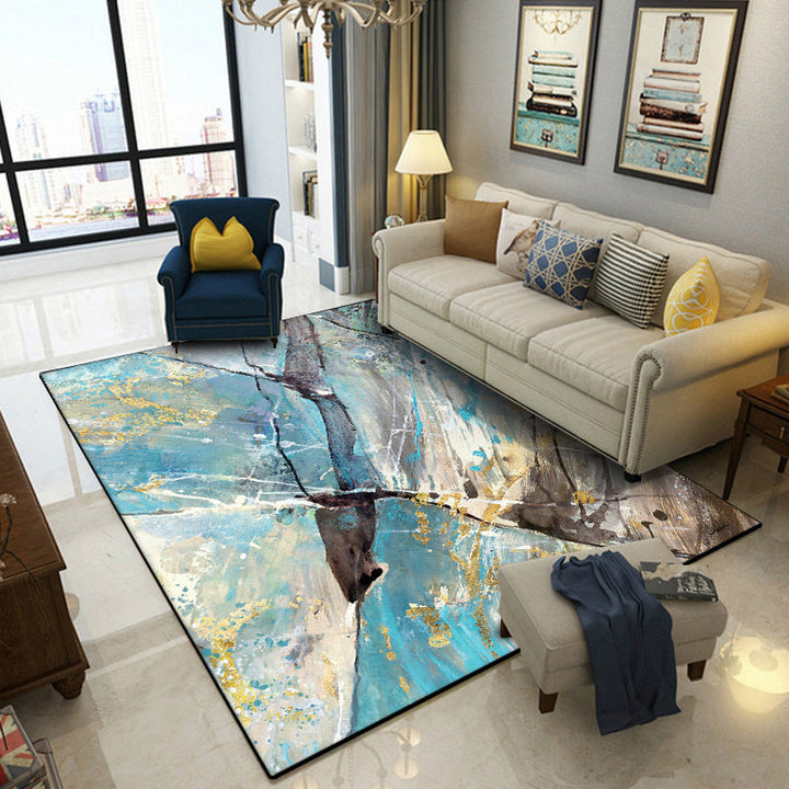 Casual modern rug in blue abstract marble print rug made of polyester washable for the living room | Bowlift