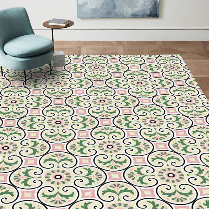 BowLift | Persian Moroccan rug in ivory leaf circle square print rug polyester non-slip rug for home decoration