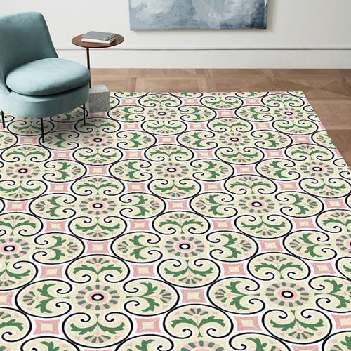 BowLift | Persian Moroccan rug in ivory leaf circle square print rug polyester non-slip rug for home decoration