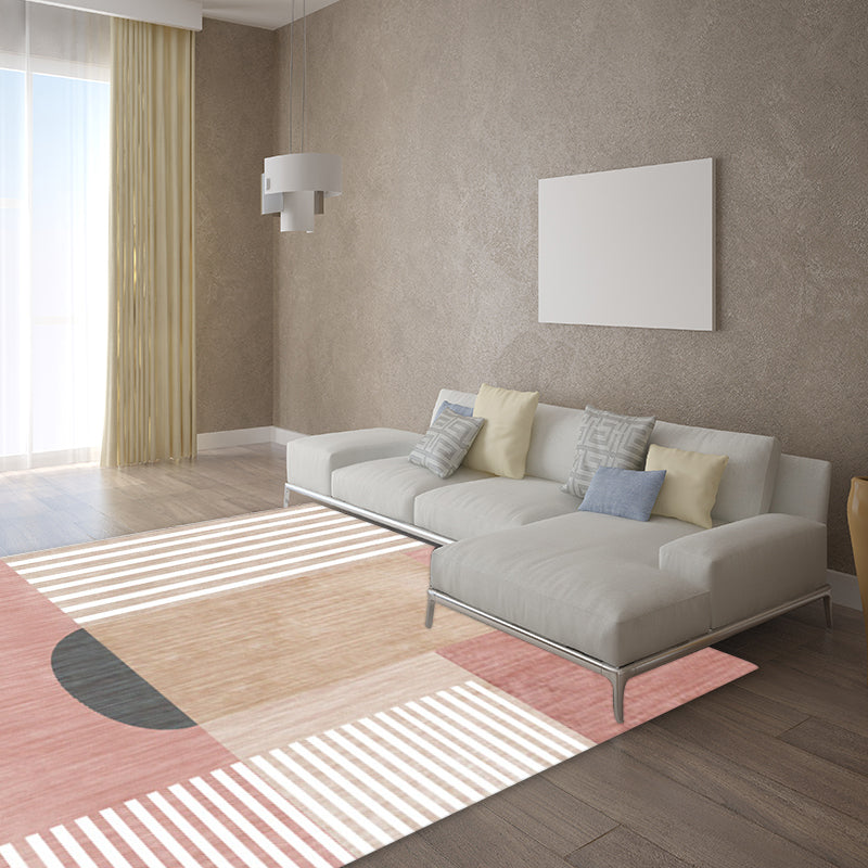 Pink and White Modern Rug Polyester Geometric Striped Color Block Rug Washable Soft Rectangular Rug for the Living Room | Bowlift