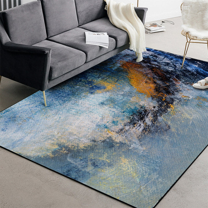 Contemporary modern rug in blue abstract painting print, polyester rug, washable, for home decoration | Bowlift