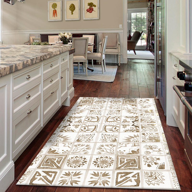 BowLift | Oriental Flower Square Pattern Carpet in White Moroccan Carpet Polyester Non-Slip Back Carpet for Bedroom