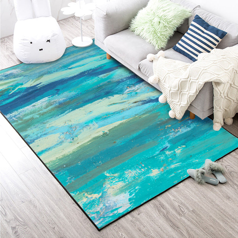 Blue bedroom rug Modern abstract oil painting pattern rug polyester washable rug | Bowlift