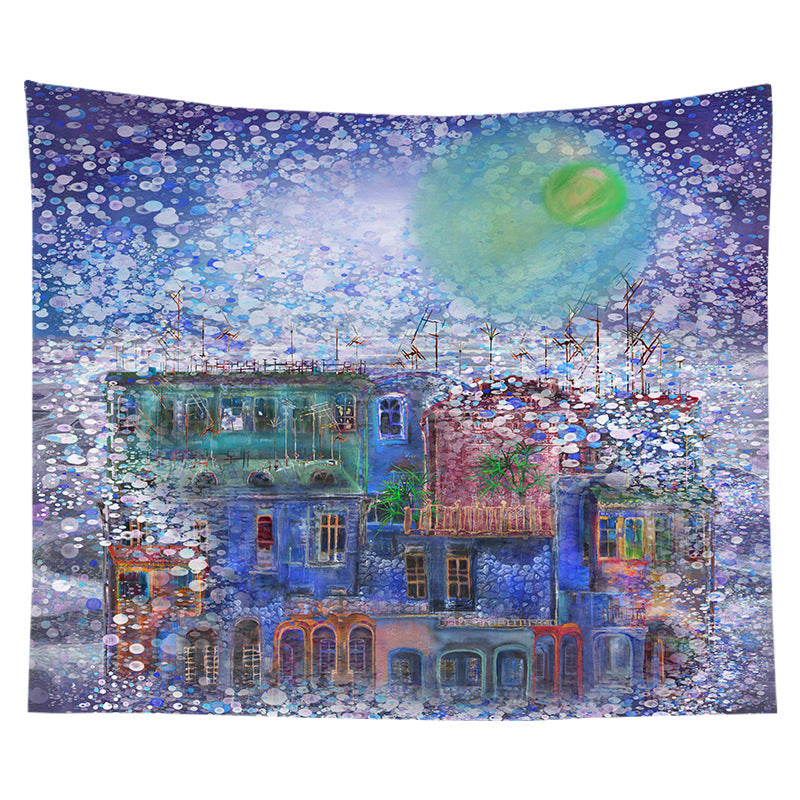 Decorative Bohemian Wall Tapestry with Abstract Lunar Cityscape Print