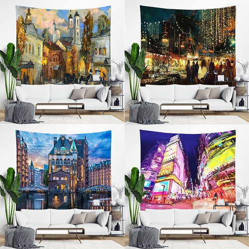 Decorative Bohemian Wall Tapestry with Abstract Lunar Cityscape Print