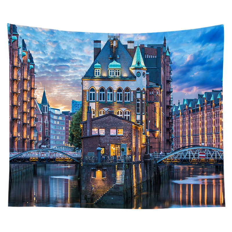 Decorative Bohemian Wall Tapestry with Abstract Lunar Cityscape Print
