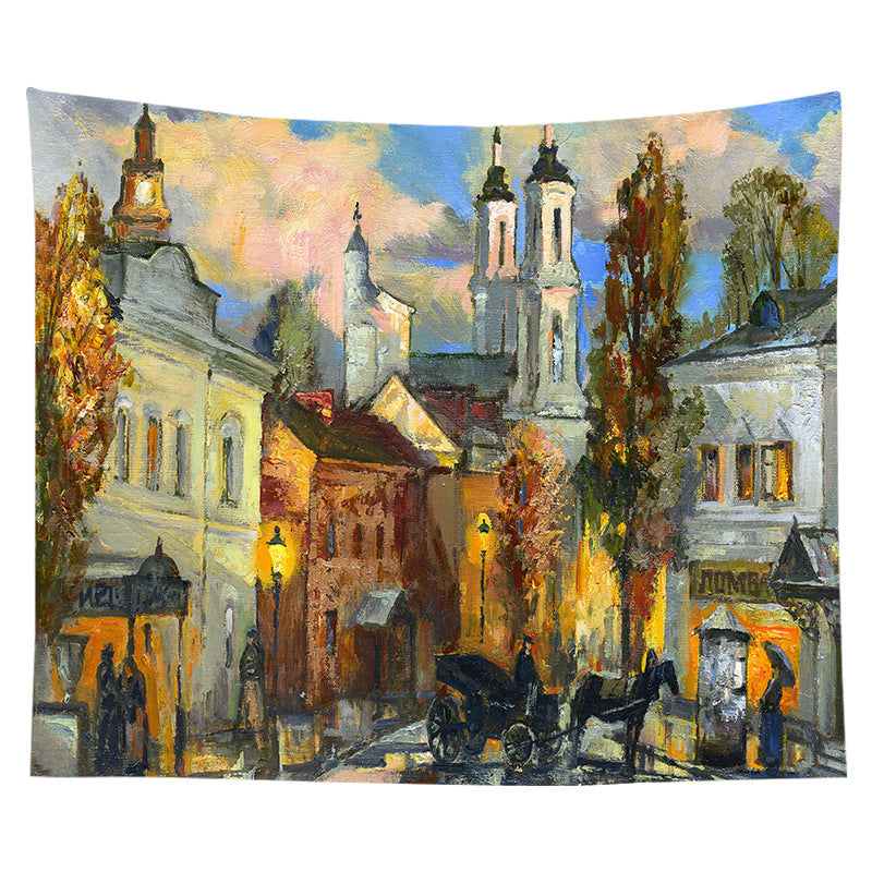 Decorative Bohemian Wall Tapestry with Abstract Lunar Cityscape Print