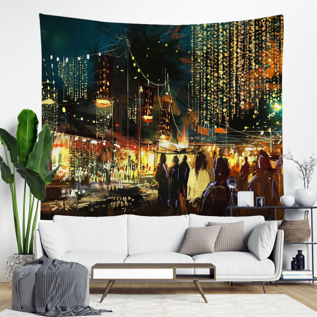 Decorative Bohemian Wall Tapestry with Abstract Lunar Cityscape Print