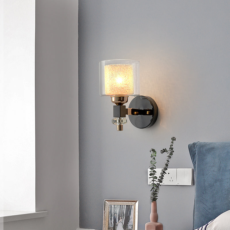 BowLift | Contemporary cylindrical wall mounted light metal and glass 1 light wall lamp in black for hallway