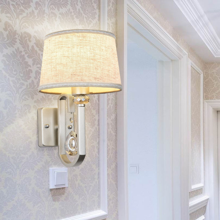 BowLift | Fabrics Drum Shade Wall Mounted Lamp Modern 1 Light Wall Light with Metal Square Back Plate in Silver