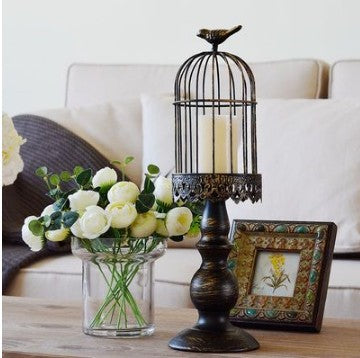 Antique-Style Distressed Metal Birdcage Tabletop Candle Holder & Display Stand Bowlift