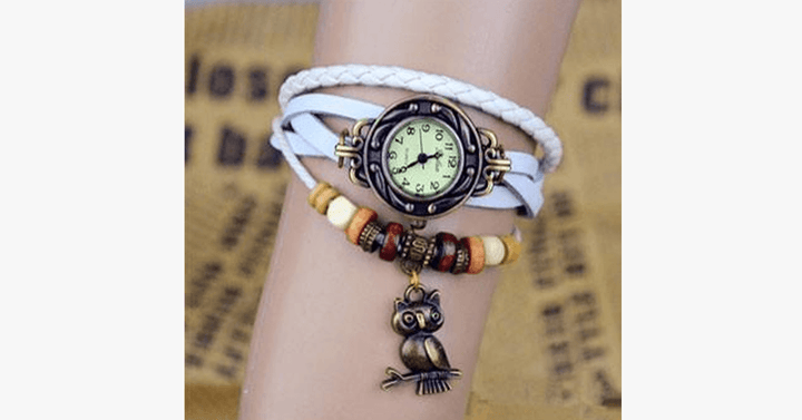 BowLift | Owl Vintage Wrap Watch with Boho-Chic Style Bracelet - Woven cuff-style bracelet watch for a funky look!