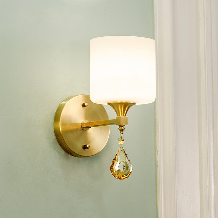 BowLift | Nordic Style Cylinder Wall Lamp Frosted Glass 1/2-Light Wall Light with Amber Crystal Drops in Brass