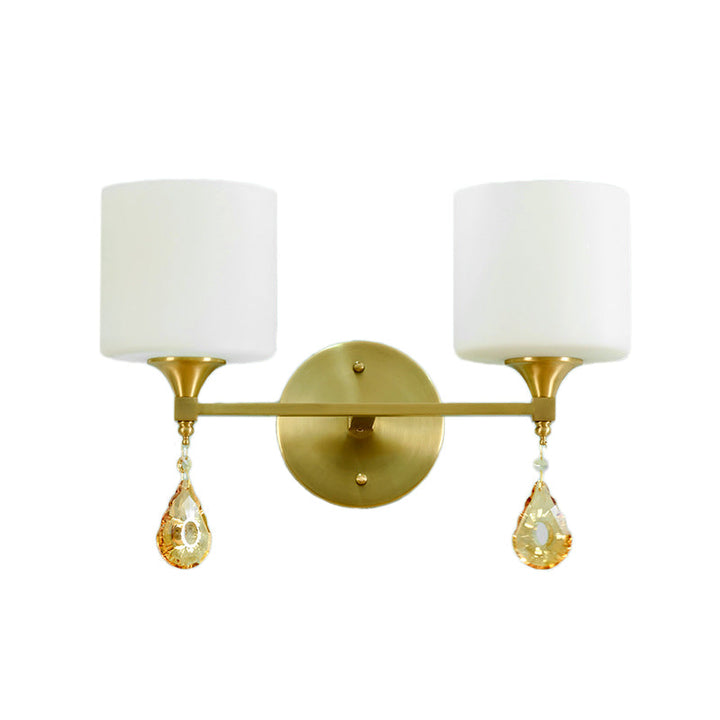 BowLift | Nordic Style Cylinder Wall Lamp Frosted Glass 1/2-Light Wall Light with Amber Crystal Drops in Brass