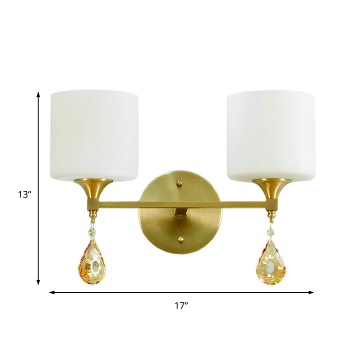 BowLift | Nordic Style Cylinder Wall Lamp Frosted Glass 1/2-Light Wall Light with Amber Crystal Drops in Brass