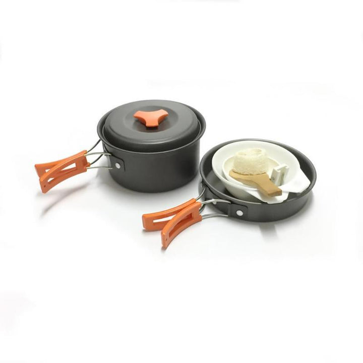 lightweight portable camping cookware set with nonstick nesting pots pans foldable handles and compact utensil kit Bowlift