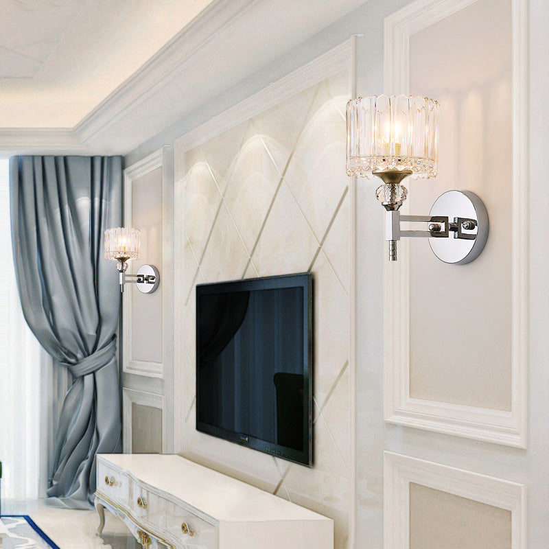 BowLift | 1 Bulb Cylindrical Wall Light Modernist Style Clear Glass Wall Light Sconce with Crystal Decoration in Chrome Finish