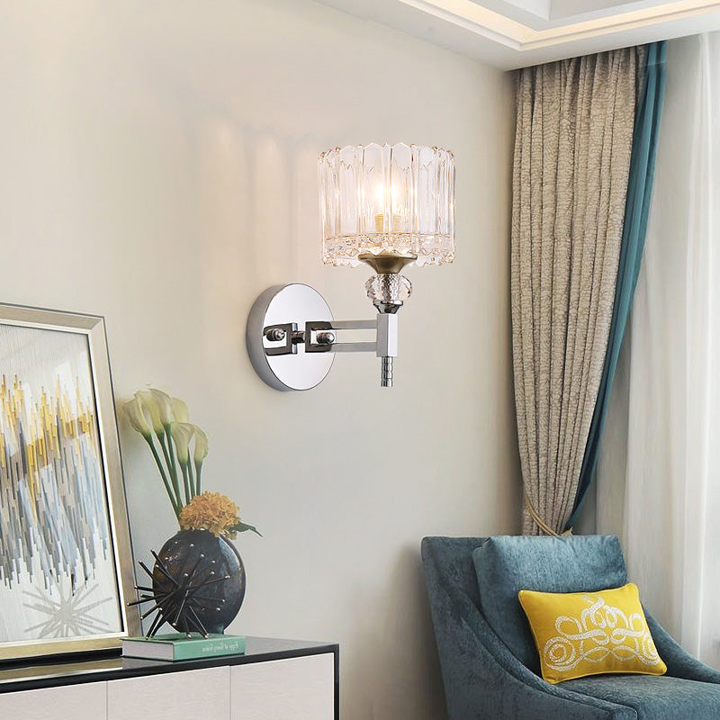 BowLift | 1 Bulb Cylindrical Wall Light Modernist Style Clear Glass Wall Light Sconce with Crystal Decoration in Chrome Finish