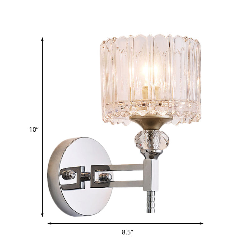 BowLift | 1 Bulb Cylindrical Wall Light Modernist Style Clear Glass Wall Light Sconce with Crystal Decoration in Chrome Finish