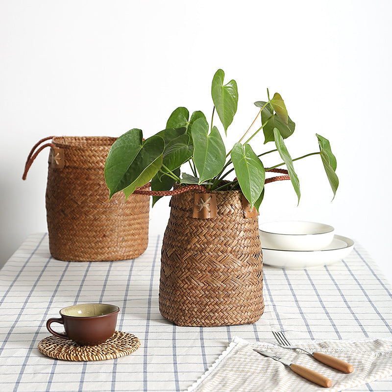 Unisex Handwoven Storage Basket with Leather Handles Bowlift
