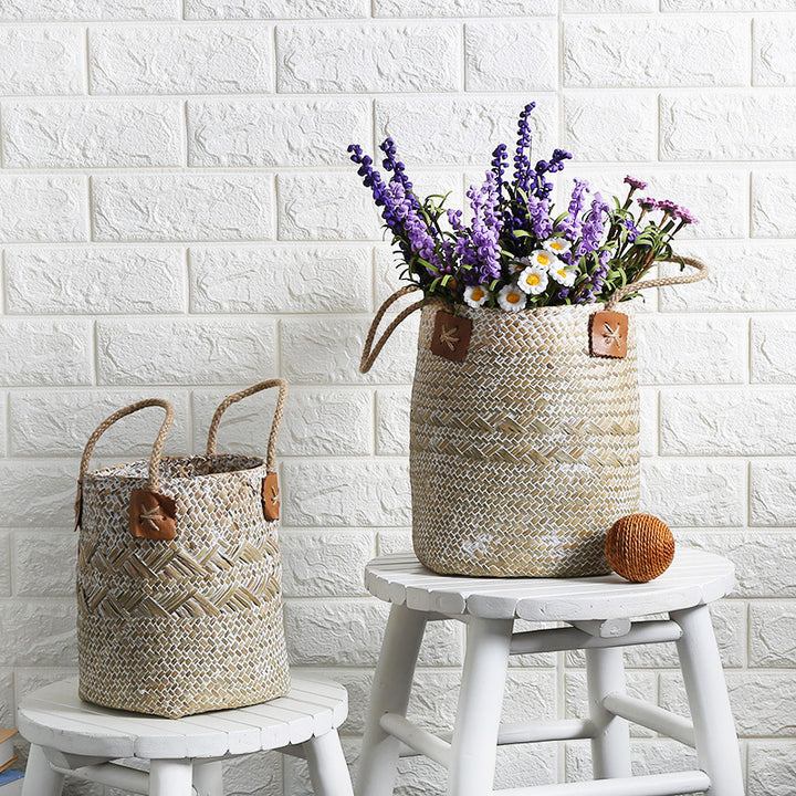 Unisex Handwoven Storage Basket with Leather Handles Bowlift