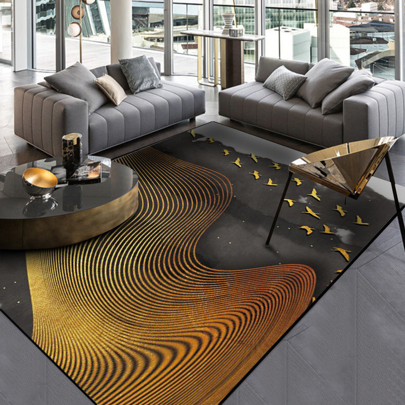 Creative Swirl Lines Carpet Black and Gold Novelty Carpet Polyester Washable Non-Slip Backing Carpet for Living Room | Bowlift