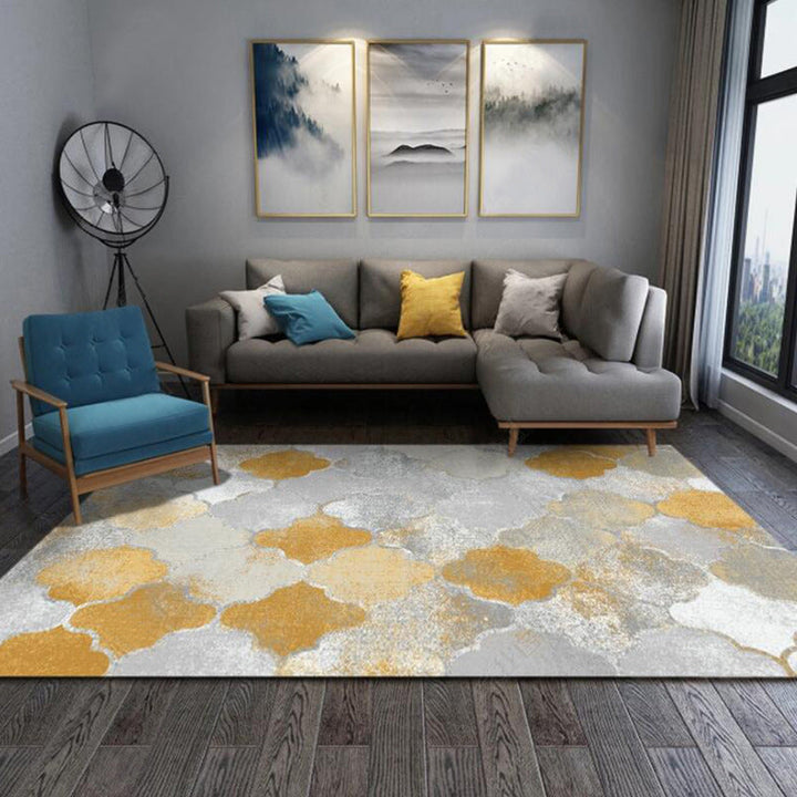 Yellow and Gray Contemporary Rug Polyester Albany Geometric Ogee Print Rug Washable Non-Slip Back Mat Rug for the Living Room | Bowlift