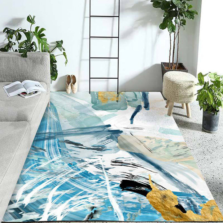 Unique Abstract Rug Blue and White Casual Rug Polyester Washable Non-Slip Back Rug for Bedroom | Bowlift