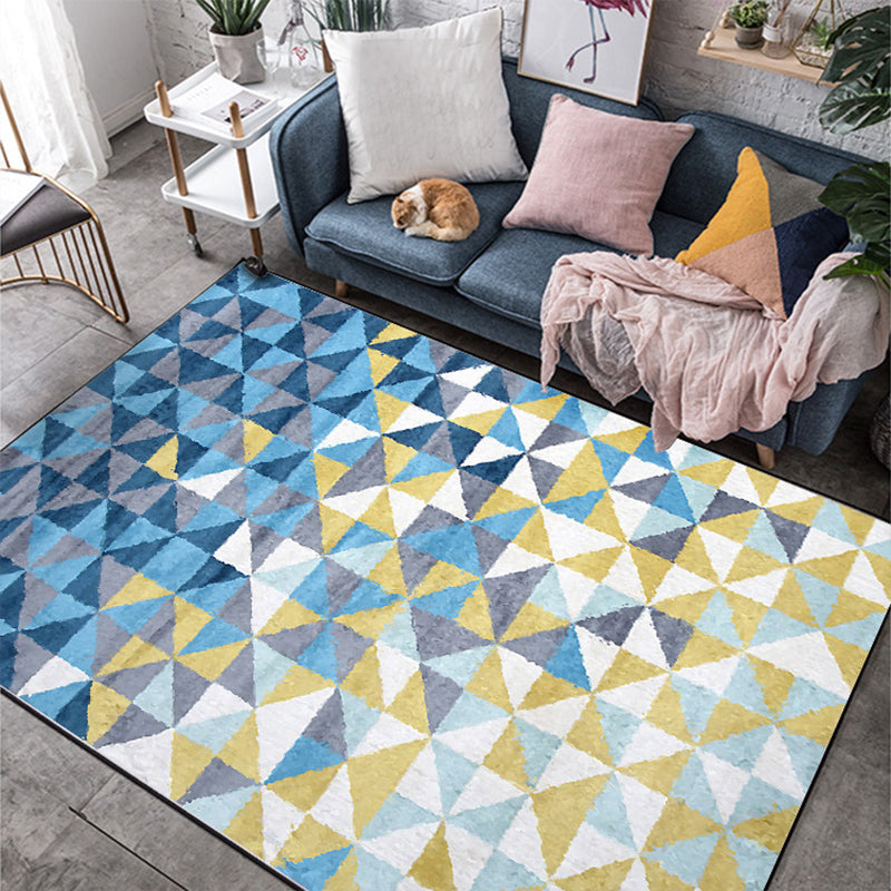 Blue and Yellow Bedroom Rug Modern Geometric Triangle Pattern Area Rug Polyester Machine Washable Non-Slip Rug | Bowlift