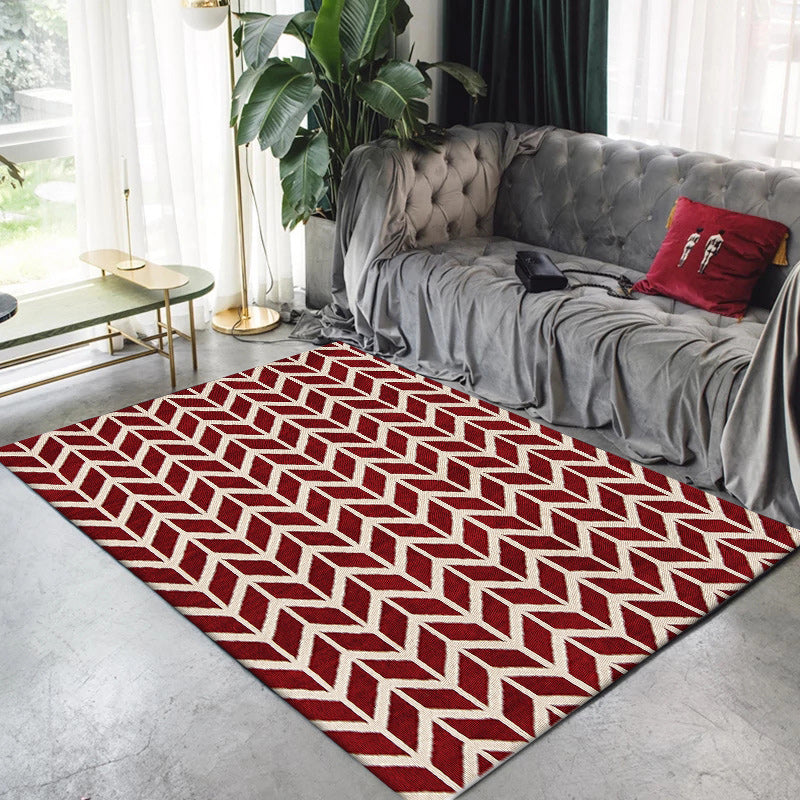 Simple Chevron Print Rug Red Polyester Rug Machine Washable Non-Slip Back Rug for Bedroom | Bowlift
