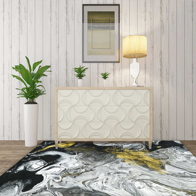 Modern Living Room Rug in White and Black Abstract Paint Pattern Rug Polyester Washable Rug | Bowlift