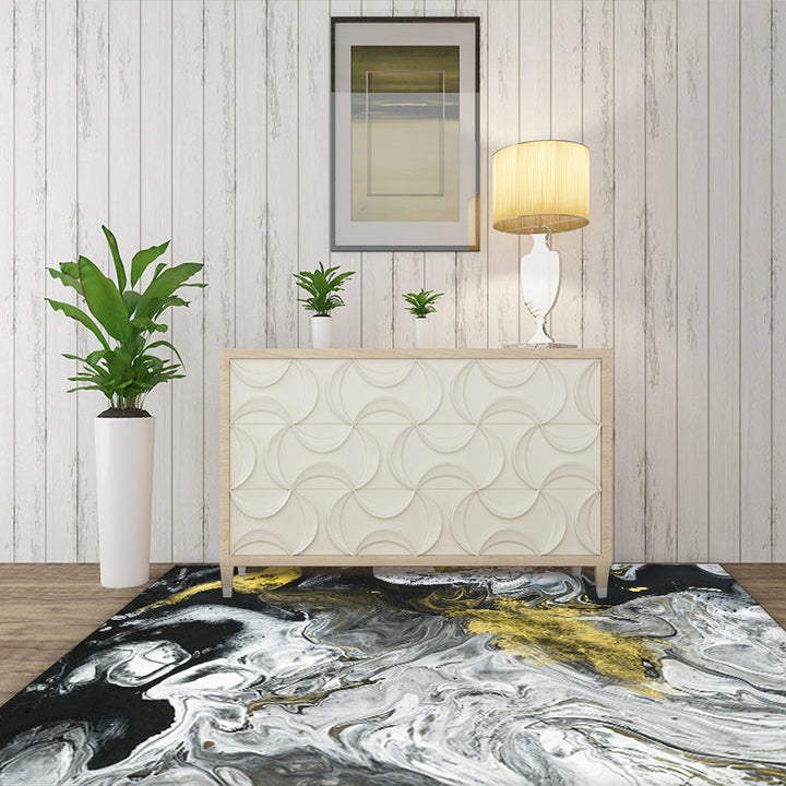 Modern Living Room Rug in White and Black Abstract Paint Pattern Rug Polyester Washable Rug | Bowlift