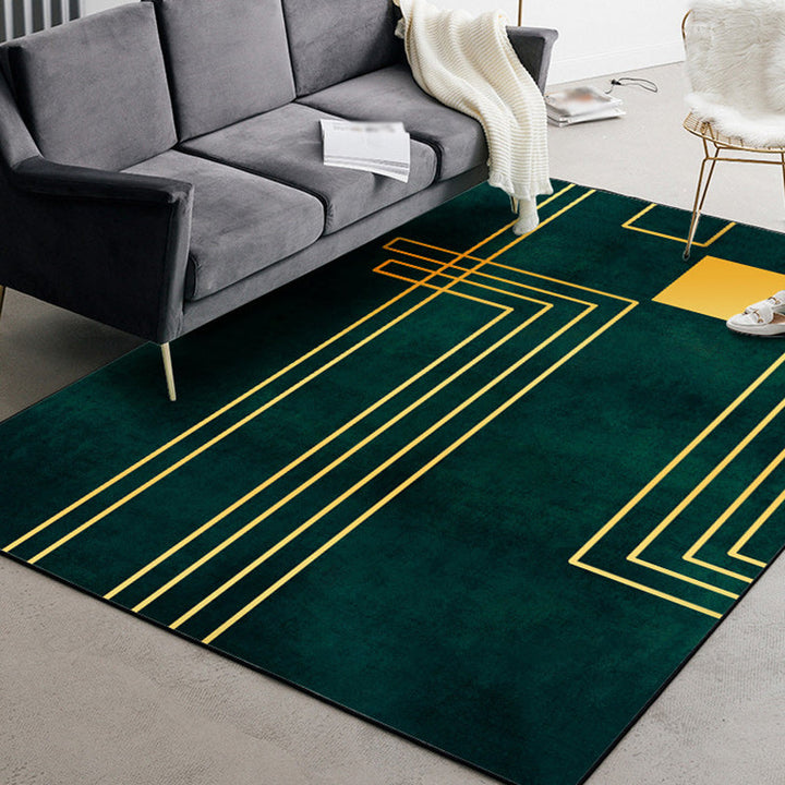 Simply striped rug made of green and gold polyester, machine washable, non-slip backing, rug for the bedroom | Bowlift