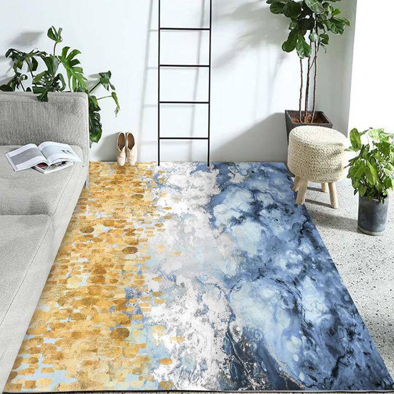 New oil painting pattern rug blue and white polyester rug washable non-slip backing rug for living room | Bowlift