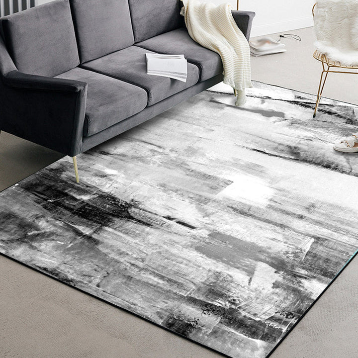 Contemporary Brushstroke Painting Print Rug Gray and White Polyester Rug Washable Non-Slip Back Rug for Bedroom | Bowlift