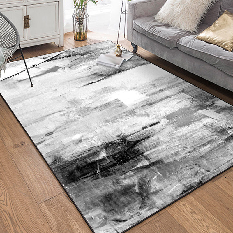 Contemporary Brushstroke Painting Print Rug Gray and White Polyester Rug Washable Non-Slip Back Rug for Bedroom | Bowlift