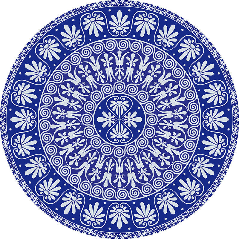 BowLift | Blue Mediterranean Rug Flannel Floral Pattern Rug Washable Non-Slip Back Rug for the Living Room