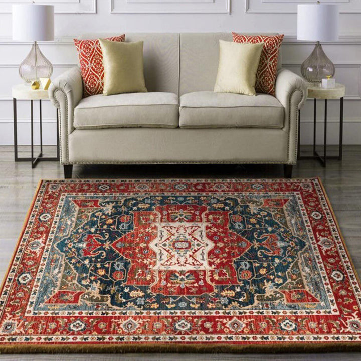 BowLift | Oriental Moroccan Carpet in Red Medallion Leaf Flower Pattern Carpet Polyester Washable Non-slip Carpet for Home Decor