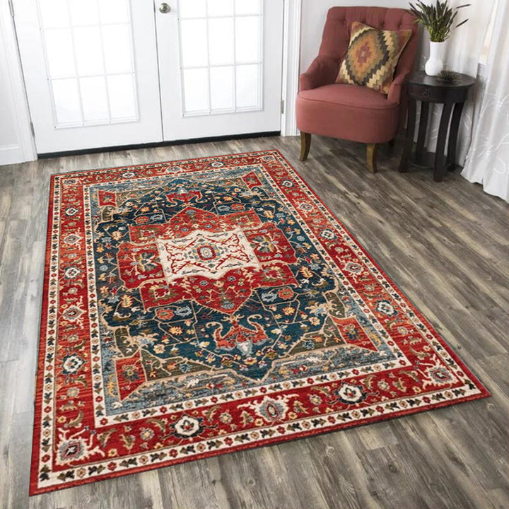 BowLift | Oriental Moroccan Carpet in Red Medallion Leaf Flower Pattern Carpet Polyester Washable Non-slip Carpet for Home Decor