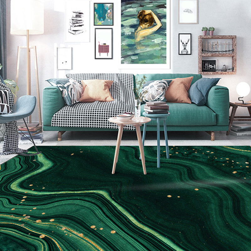 Modern watercolor swirl line carpet green polyester rug washable non-slip backing rug for the bedroom | Bowlift