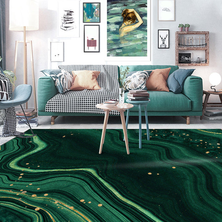 Modern watercolor swirl line carpet green polyester rug washable non-slip backing rug for the bedroom | Bowlift