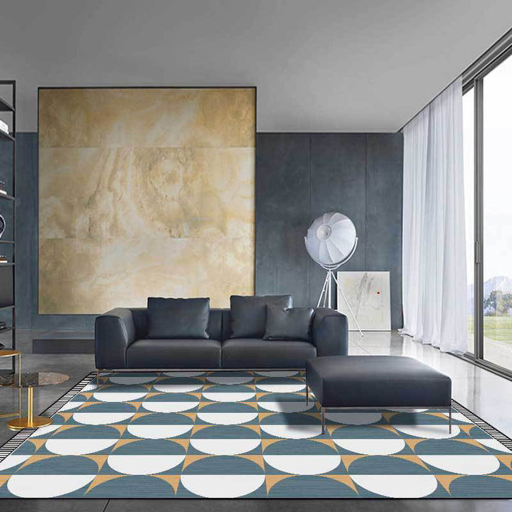 New Arrival Color Block Circle Pattern Rug Blue Polyester Rug Machine Washable Non-Slip Area Rug for the Bedroom | Bowlift