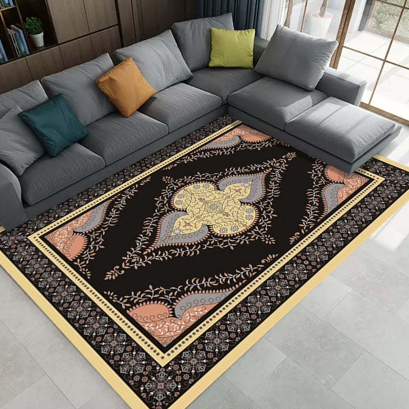 BowLift | Persian Moroccan rug in black medallion leaf-shaped flower pattern rug polyester anti-slip rug for home decor