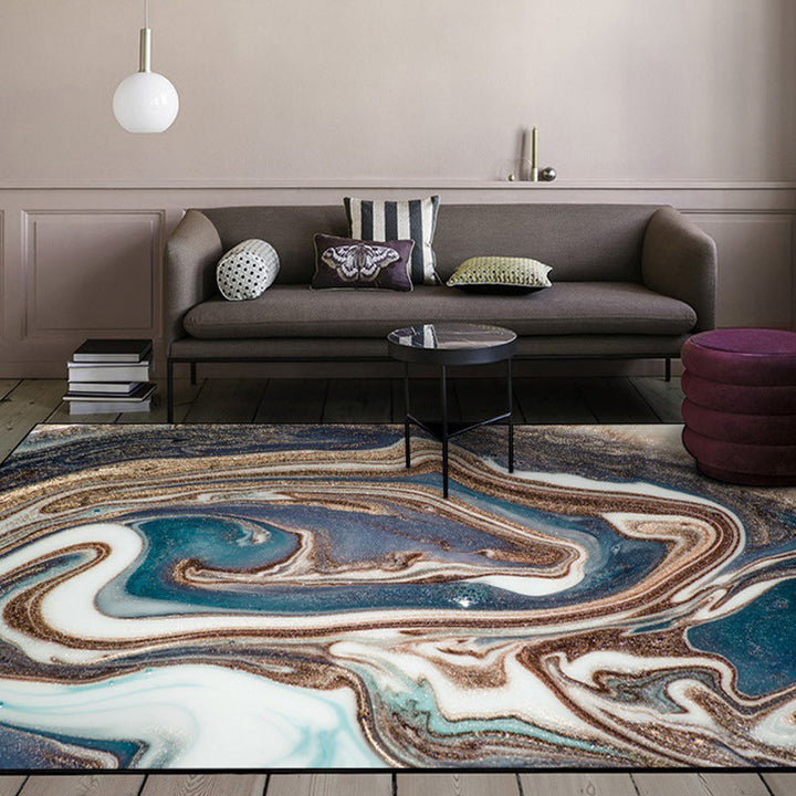 Nordic Abstract Rug Blue Multicolor Polyester Rug Washable Non-Slip Back Rug for Bedroom | Bowlift
