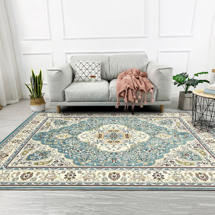 BowLift | Moroccan Living Room Rug in Teal Medallion Floral Pattern Rug Polyester Non-Slip Stain Resistant Area Rug