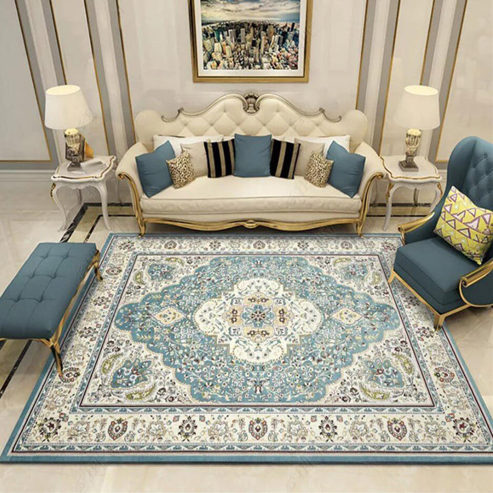 Moroccan living room rug in turquoise medallion floral pattern rug polyester non-slip stain-resistant area rug | Bowlift